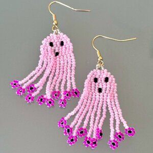 2 1/2" Hand Beaded Seed Bead Halloween Pink Ghost Fuchsia Flower Tassel Earrings